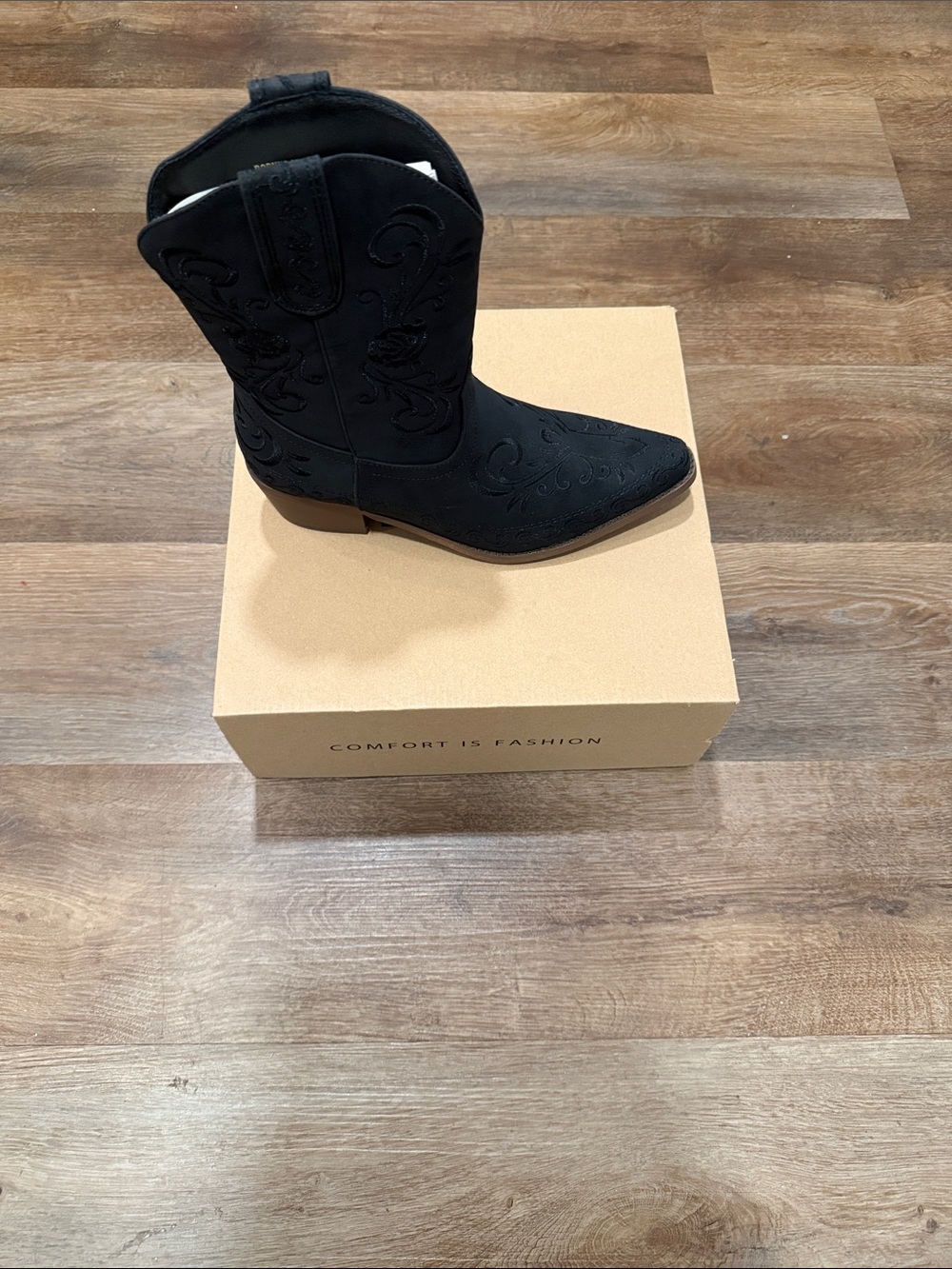 Women's Black Western Ankle Boots with Embroidered Detail